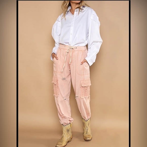 POL Distressed Cargo Denim Jogger with Crochet Pockets - Picture 1 of 4